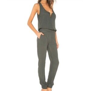 Monrow Revolve Crepe Jumpsuit Sleeveless Gray Brown Pockets Size XS Zip Front